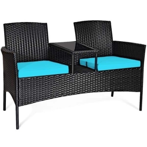 Wicker Patio Rattan Conversation Set with Turquoise Cushions - Lot 559