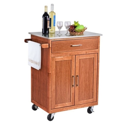Wood Kitchen Trolley Cart Stainless Steel Top Rolling Storage Cabinet Island  - Lot 594
