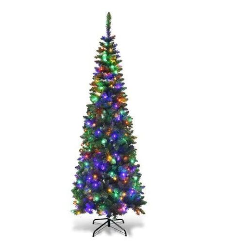 7.5 ft. Pre-Lit Hinged Pencil Artificial Christmas Tree with 350 Multi-Color LED Lights - Lot 753