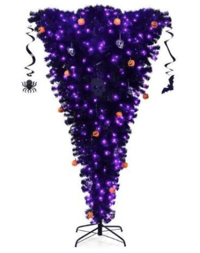 7 ft. Upside Down Halloween Artificial Christmas Tree Black with 400 Purple LED Lights - Lot 771