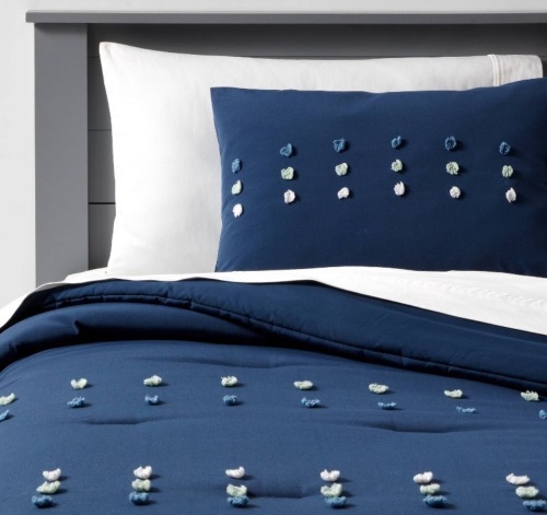 Textured Stripe Pom-Pom Comforter & Sham Set, Twin  - Lot 1197