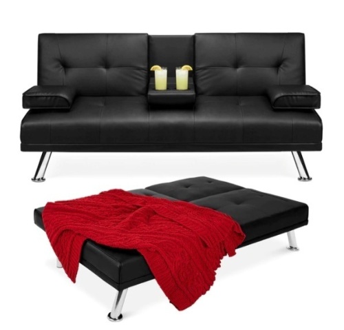 Faux Leather Upholstered Convertible Sofa Bed Futon w/ 2 Cupholders, Appears New, Box Damaged - Lot 382
