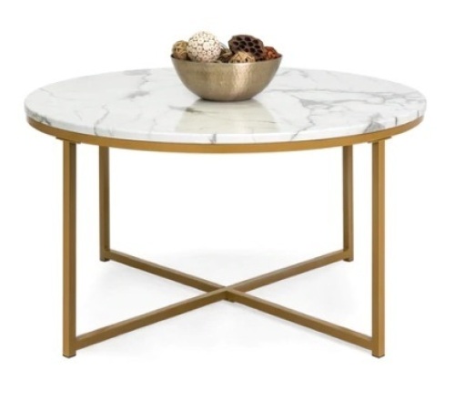 Round Coffee Table w/ Faux Marble Top, Metal Frame, 36in, Gold - Lot 200