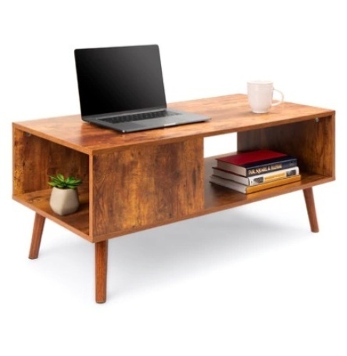 Wooden Mid-Century Modern Coffee Accent Table w/ Open Storage Shelf, Brown - Lot 475
