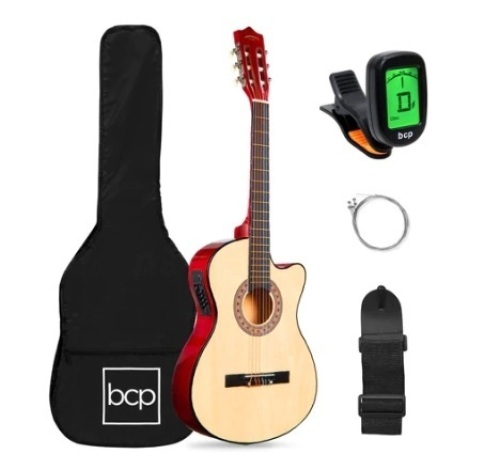 Beginner Acoustic Electric Cutaway Guitar Set w/ Case & Strap, 38in, Natural - Lot 524