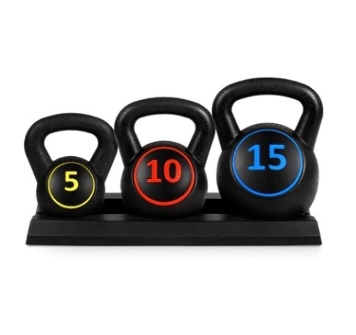 3-Piece Kettlebell Exercise Fitness Weight Set w/ Storage Rack - Lot 528