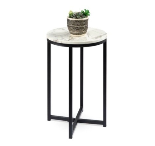 Round Coffee Side Table w/ Faux Marble Top, Metal Frame,16in, White/Matte Black - Lot 532