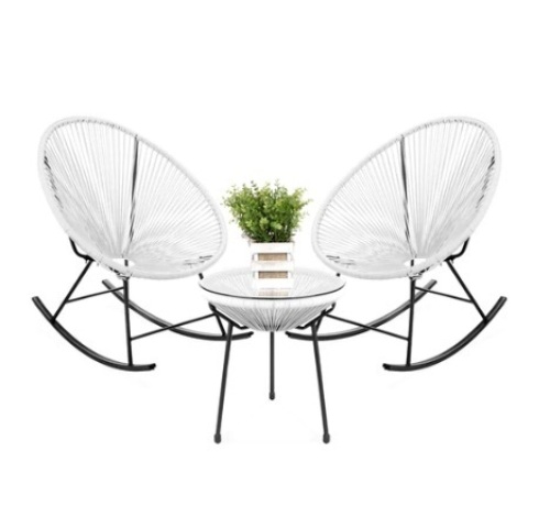 3-Piece Patio Woven Rope Acapulco Rocking Chair Bistro Set, White - Lot 537