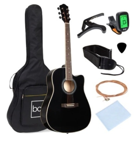 Full Size Beginner Acoustic Guitar Set with Case, Strap & Capo, 41in, Black - Lot 576
