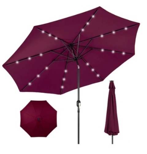 Solar LED Lighted Patio Umbrella w/ Tilt Adjustment, UV-Resistance,10ft, Burgandy - Lot 590