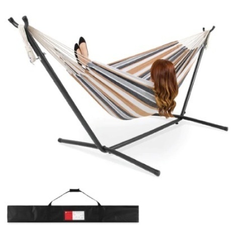 2-Person Brazilian-Style Double Hammock w/ Carrying Bag & Steel Stand, Desert Stripes - Lot 593