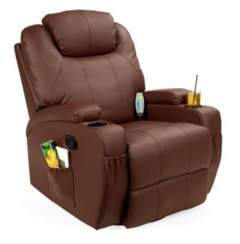 Faux Leather Swivel Glider Massage Recliner Chair w/ Remote Control, & 5 Modes, Brown - Lot 743