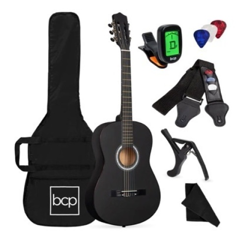 Beginner Acoustic Guitar Set w/ Case, Strap, Digital Tuner, & Strings, 38in, Black - Lot 752