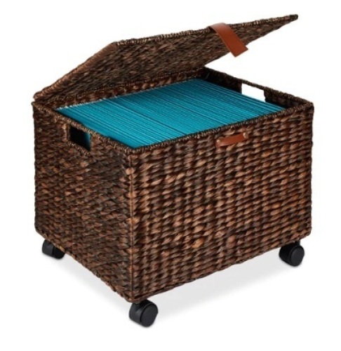 Mobile Water Hyacinth Rolling Filing Cabinet Storage Basket w/ Lid, Wheels, Brown - Lot 757