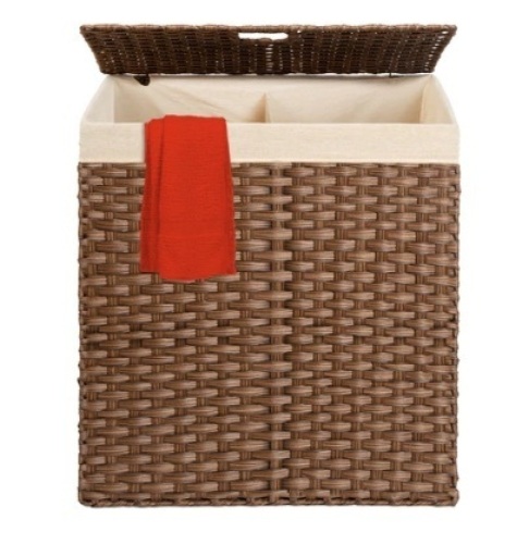 Double Laundry Hamper Basket w/ Easy Assembly, & Liner Bag, Dark Brown - Lot 762