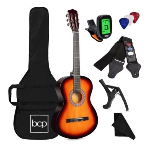 Beginner Acoustic Guitar Set w/ Case, Strap, Digital Tuner, & Strings, 38in, Sunburst - Lot 775