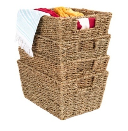 Set of 4 Seagrass Storage Tote Baskets, Laundry Organizer w/ Insert Handles, Natural - Lot 778