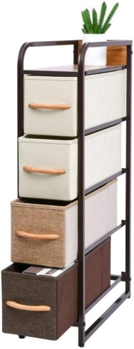 Kamiler 4-Drawer Dresser Storage Vertical, 4-Tier Organizer Tower Unit for Bedroom/Closets/Hallway/Entryway/Laundry Room, Sturdy Steel Frame, Wooden Top, Removable Fabric Bins - Lot 2676