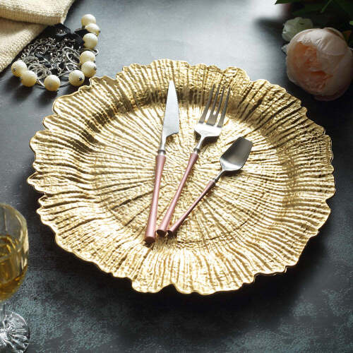 6 Pack | 13" Gold Round Reef Acrylic Plastic Charger Plates, Dinner Charger Plates - Lot 2875
