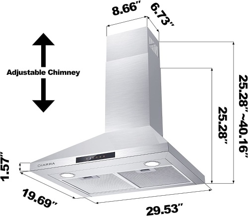 Ciarra Range Hood 30 inch 450 CFM Convertible Wall Mount Range Hood Stainless Steel with Soft Touch Control Delay Shut Off Function - Lot 2908