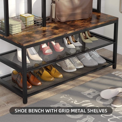 Tiyase Coat Rack Shoe Bench, 4-in-1 Hall Tree with Side Stoarge, Large Entryway Coat Stand Shoe Rack with 5 Hooks, Industrial Wood Look Accent Furniture Metal Frame, Rustic - Lot 2909