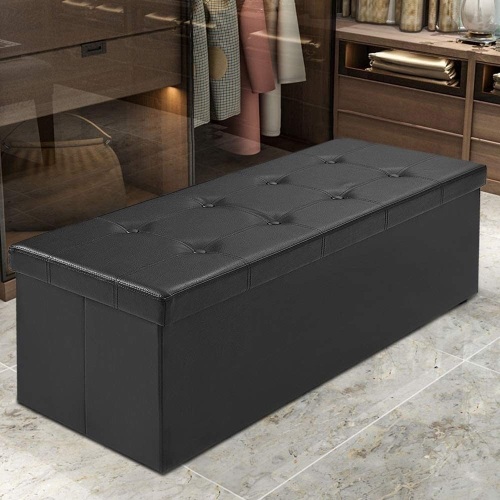 Folding Storage Ottoman Bench, Safeplus 45" Large Ottoman Space- Saving Bench, Faux Leather Storage Chest with Memory Foam, Footrest Padded Stool Seat for Bedroom Toy Chest, Black 165L - Lot 2925
