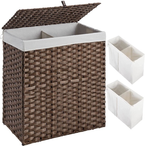Greenstell Laundry Hamper with 2 Removeable Liner Bags, Divided Clothes Hamper, 110L Handwoven Synthetic Rattan Laundry Basket with Lid and Handles, Foldable & Easy to Install Brown 22.2x13.3x24 Inches - Lot 2927