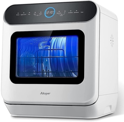 Countertop Dishwasher, Aikoper Portable Compact Dishwasher with 6L Built-in Water Tank & Water Hose Inlet, Mini Dish washer with 5 Programs, Quick, for Small Apartment, Dorms, RVs- Black/White - Lot 2933