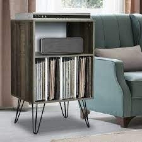 Freestanding Record Player Stand Record Storage Cabinet With Metal Legs-Brown - Lot 2939