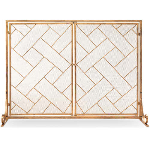 2-Panel Wrought Iron Geometric Fireplace Screen w/ Magnetic Doors - 44x33in - Lot 2975
