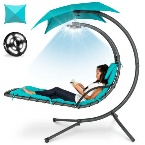 Hanging LED-Lit Curved Chaise Lounge Chair w/ Pillow, Canopy, Stand - Lot 2978