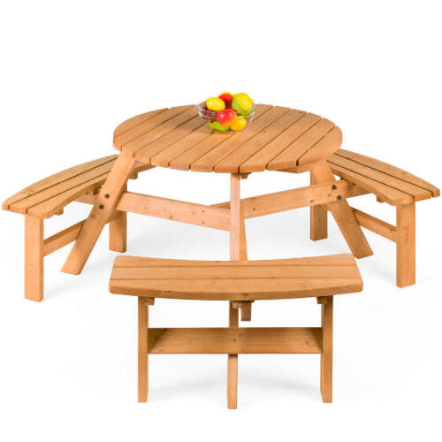 6-Person Circular Wooden Picnic Table w/ Benches - Lot 3002