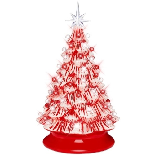 Pre-Lit Ceramic Peppermint Cane Tabletop Christmas Tree with Lights- 15in - Lot 3742