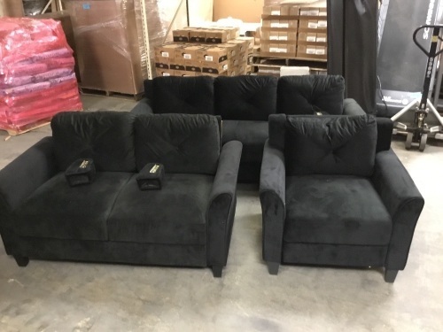 Black Microfiber Couch, Loveseat, & Chair, Top Side Corner Pieces of Couches Do Not Fit Easily - E-Comm Return - Lot 99