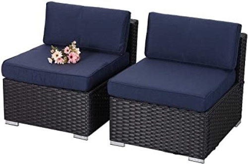 PHI VILLA Outdoor Sectional Furniture 2 Piece Patio Sofa Set Low-Back Rattan Wicker, Navy Blue - Appears New  - Lot 256