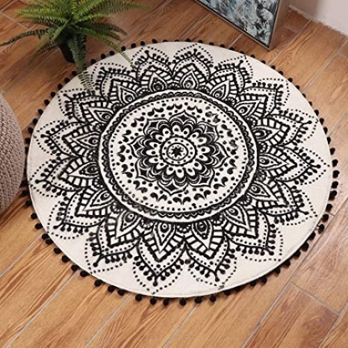 Case of (10) Livebox Round Area Rugs, Bohemian Mandala Print with Chic Pom Pom Fringe - Appear New - Lot 257