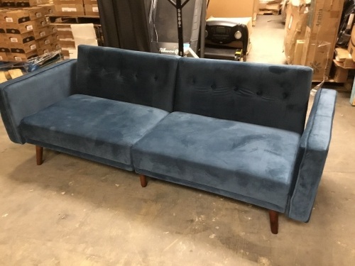 Blue Suede Split Seat and Back Convertible Futon Couch - E-Comm Return, Appears New - Lot 314