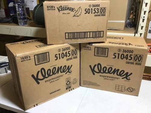 Lot of (2) Cases of Kleenex Expressions Ultra Soft Facial Tissues, 18 Cube Boxes & (1) Case of Kleenex Ultra Soft Facial Tissues, 8 Flat Boxes - New  - Lot 362