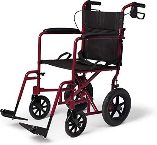 Medline Lightweight Folding Transport Wheelchair with Handbrakes, 12 inch Wheels, Red - E-Comm Return, Appears New  - Lot 381
