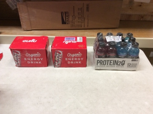 Lot of (2) Guru Organic Energy Drink with Green Tea & Guarana, 12 Oz, Pack of 12 & (1) Protein2o 15g Whey Protein Infused Water Plus Energy, Variety Pack, 16.9 oz, 12 Count - Appear New   - Lot 549