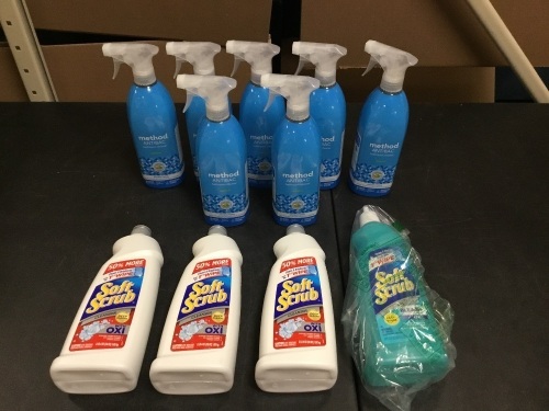 Lot of (7) Method Antibac Bathroom Cleaner, Spearmint, 28 fl oz (3) Soft Scrub Multi-purpose Cleanser with Oxi, 36 fl oz & (1) Soft Scrub with Bleach Cleaner Gel, 28 fl oz - E-Comm Returns, Appear New - Lot 609