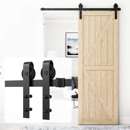 HomLux 8ft Heavy Duty Sturdy Sliding Barn Door Hardware Kit, Single Door, J Shape Hangers, Black - Appears New  - Lot 781