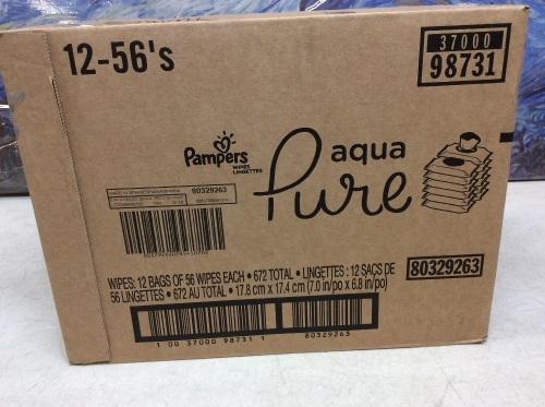 Pampers Aqua Pure Baby Wipes, 12 Packs of 56 Wipes - New - Lot 792