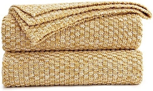 Longhui Bedding Gold Knitted Throw Blanket 100% Cotton, Mustard Yellow/White - E-Comm Return, Appears New   - Lot 834