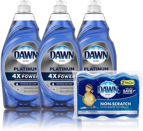 Dawn Dish Soap Platinum Dishwashing Liquid + Non-Scratch Sponge for Dishes, Refreshing Rain Scent, 3-24oz Bottles - New  - Lot 851