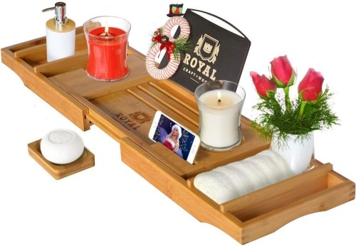 Royal Craft Wood Organic Bamboo Bathtub Caddy, Adjustable 29-43", Natural Color - New   - Lot 1074