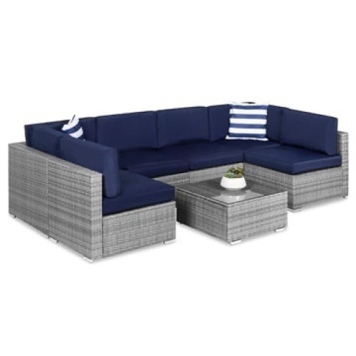 7-Piece Modular Wicker Sectional Conversation Set w/ 2 Pillows, Cover  - Lot 67