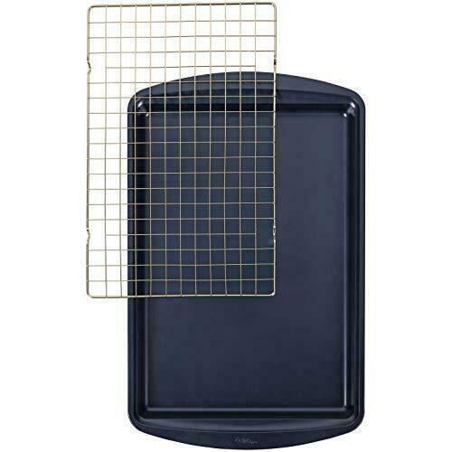 Wilton 2pc Diamond-Infused Non-Stick Large Cookie Sheet with Cooling Rack, Navy Blue/Gold - Lot 550