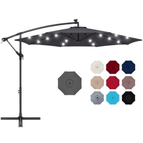 Solar LED Offset Hanging Patio Umbrella w/ Crank Tilt Adjustment - 10ft  - Lot 587