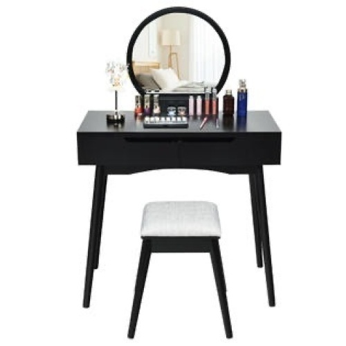 Black Makeup Vanity Table Set w/Round Mirror & 2 Sliding Drawers  - Lot 594